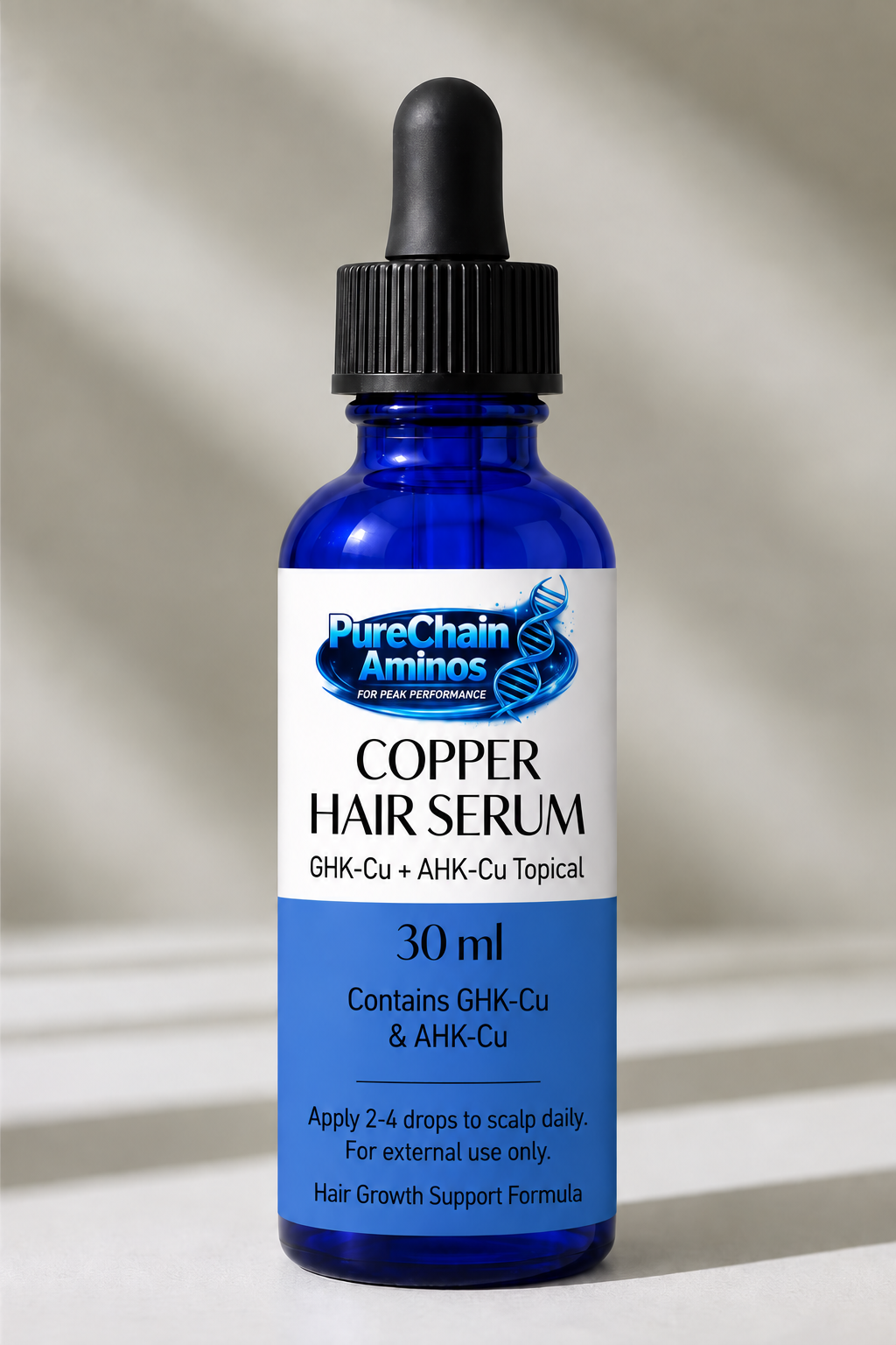 PureChain Aminos Copper Hair Serum bottle, GHK-Cu + AHK-Cu topical, 30ml dropper